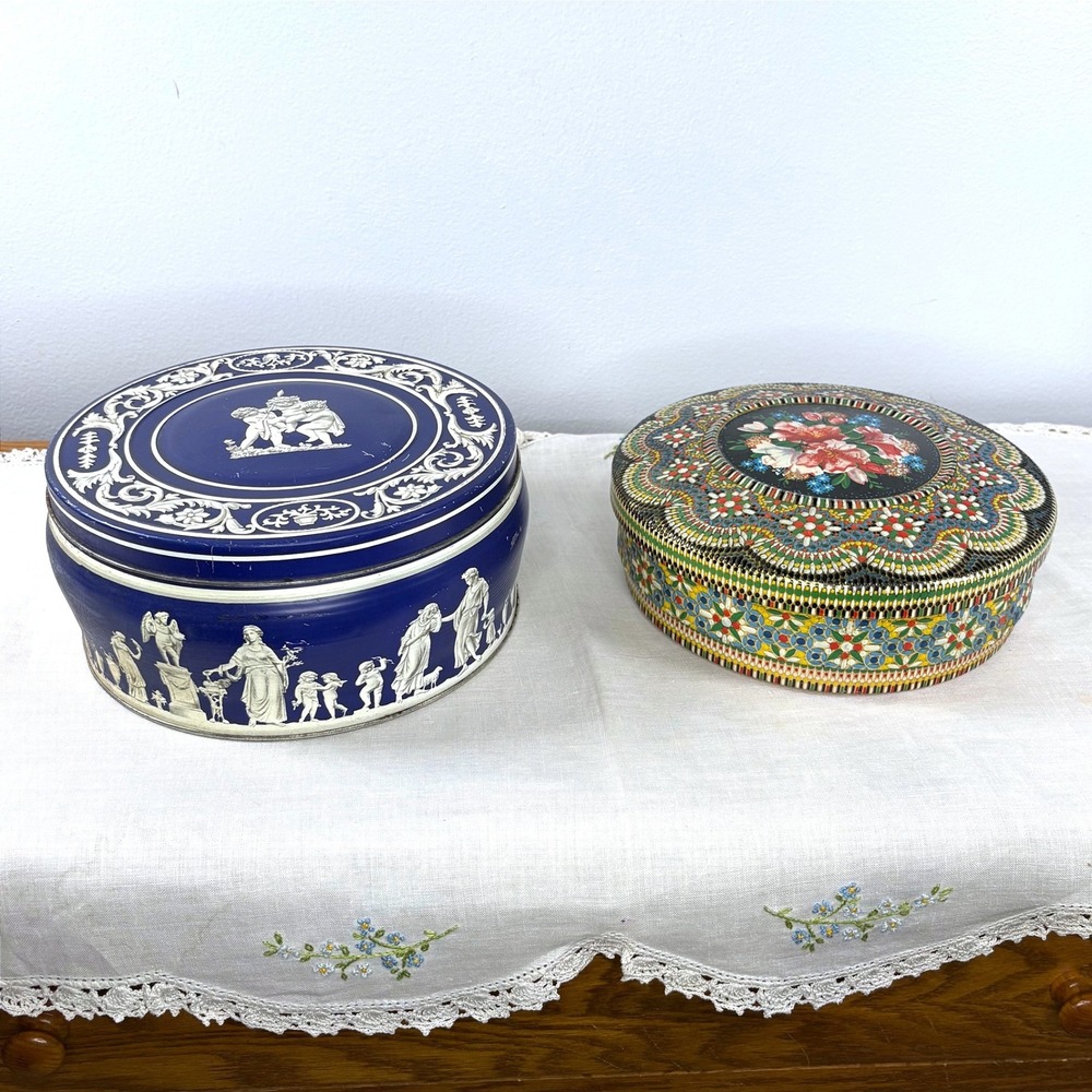 Vintage Huntley & Palmers Blue Jasperware Style & Holland Floral Tin Set of 2